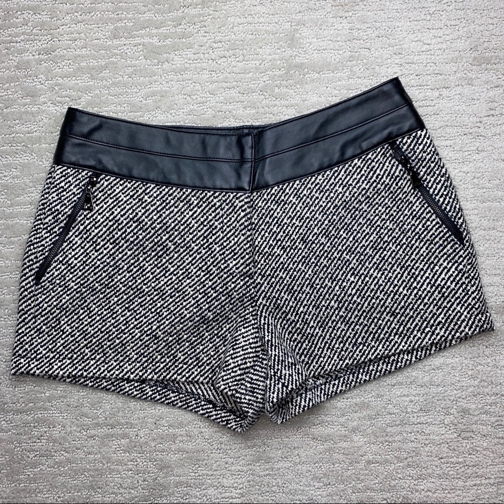 Wool Houndstooth Shorts Faux Leather